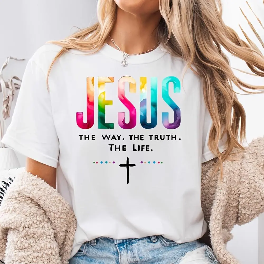 Jesus The Way The Truth The Life Print Cross Graphic, Neck Drop Shoulder T-Shirt, Christian Faith Religious Easter Gift, Church Worship Dail