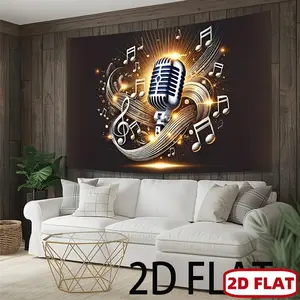 1pc Music Notes Backdrop Shiny Golden Microphone Musical Theme Elegant Design Polyester Fabric for Birthday Wedding Karaoke DJ Event Stage Decor