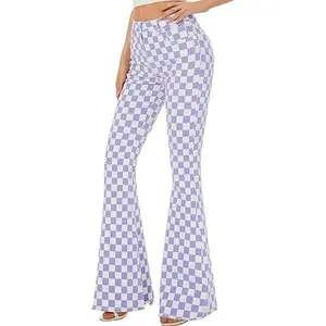 ODEFOU Women's High Waisted Thick Christmas Bell Bottom Jeans - Stretchy Plaid Denim, Vintage Style Flare Pants, Breathable Comfortable, Pockets, Zipper, Party Women's Clothes