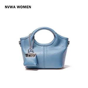 The Dusty Blue Satchel - Elegant Round Handle Bag Pebbled Vegan Leather with Mini Coin Purse Charm for Everyday Commute