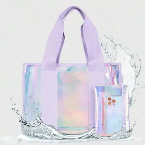 Large Women's Beach Waterproof Tote Bag, Zippered Waterproof Anti Beach Bag, Jacquard Colorful Transparent Tote Bag, Suitable For Vacation, Holiday, Travel, Beach, Swimming, Pool