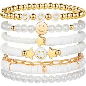 Y2K Preppy Bracelet Set for Girls & Women - 7 Piece Colorful Smile Heart Star Beaded Stretch Bracelets, Summer Stackable Jewelry Gift