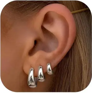 3 Pairs Silver Hoop Earrings Set for Women - Non Tarnish 14K Gold Filled Huggies