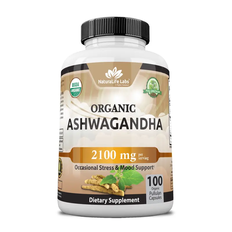 Organic Ashwagandha 2,100 mg per serving Organic Ashwagandha Powder and Root Extract - 100 Vegan Capsules