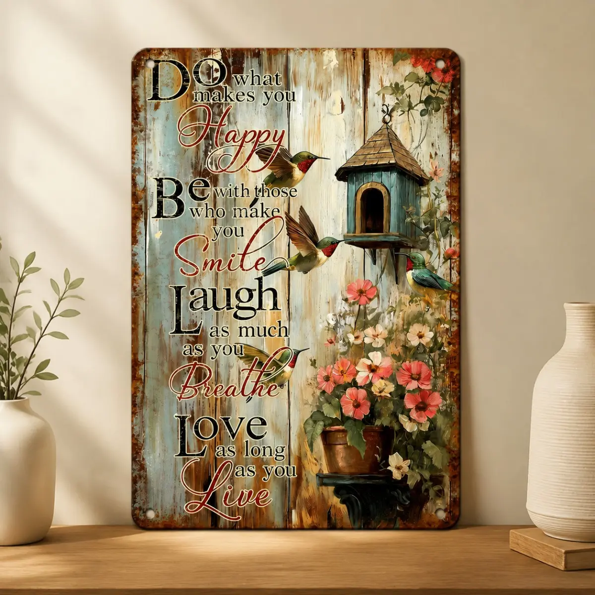 8x12 in Inspirational Hummingbird Garden Sign, Decorative Metal Wall Art with Floral Bird Design & "Do What Makes You Happy" Quote, Outdoor Patio Home Decor, Gift Idea