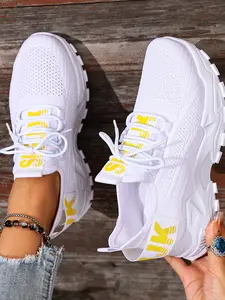 Summer Breathable Mesh Outdoor Running Shoes, Low Top Comfortable Thick Sole Wide Width Women's Fashion Solid Color Lace-Up Sports Sneakers, Workout Sneakers