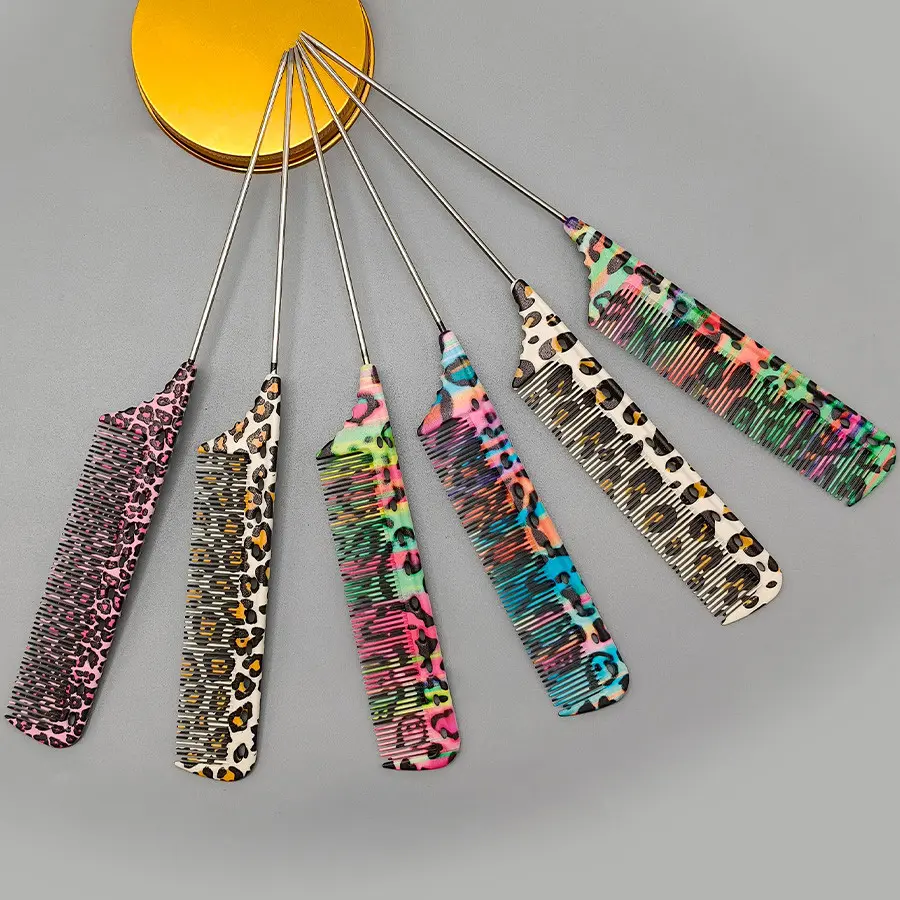Leopard Print Tail Comb, Fine Tooth Anti-Static Hair Styling Brush, Steel Needle Tip Comb, Professional Salon Hair Tool, Durable, Multiple Patterns Available