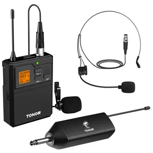 TONOR UHF Wireless Microphone System with Headset/Lavalier Mic, Rechargeable Receiver, 15 Channels, 200ft Range for Live Performance & PA Speaker