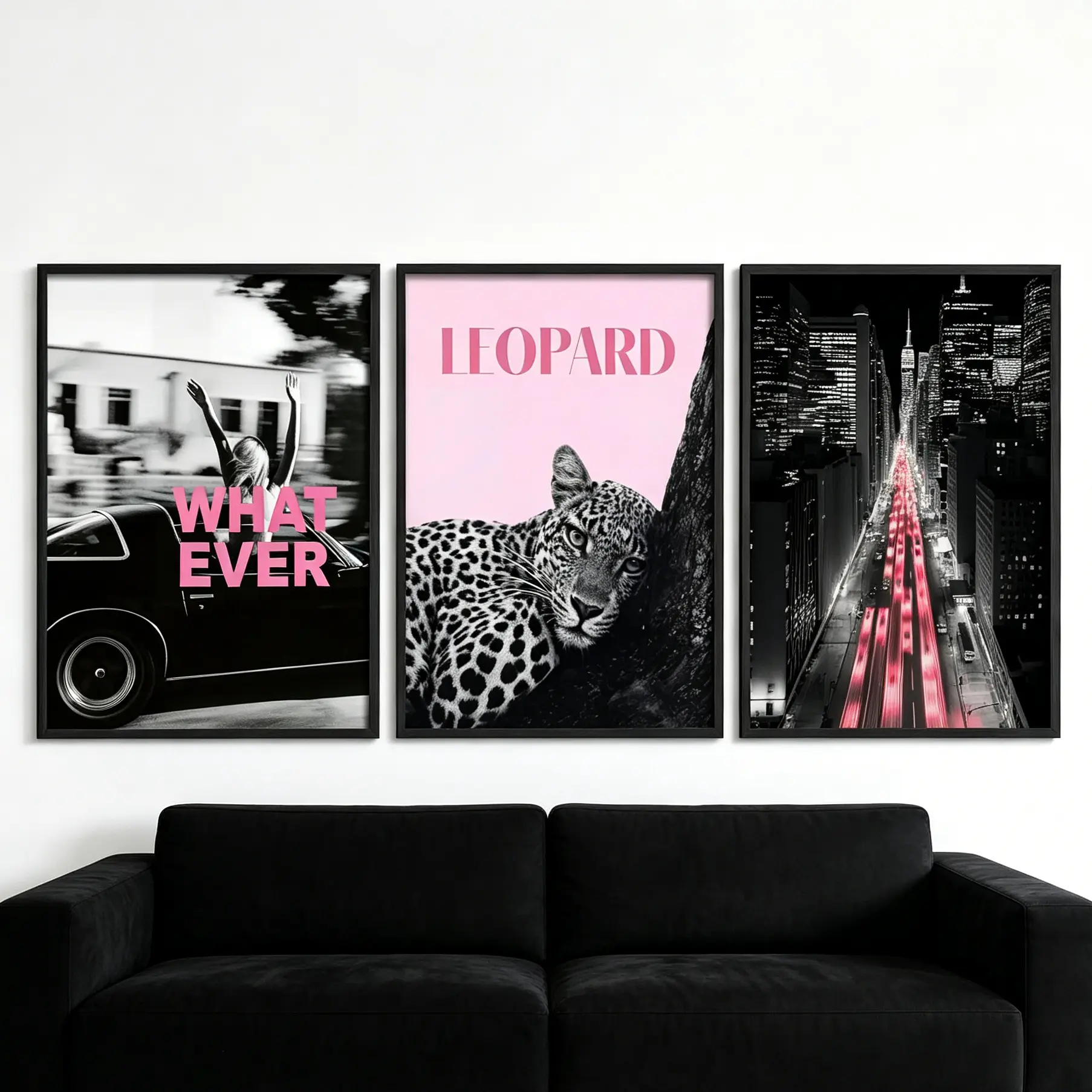 3-Piece Unframed Pink Leopard Canvas Wall Art Set - Vintage Car, Neon City Skyline Posters, Aesthetic Girly Home Decor for Bedroom, Bar, Fashionable Wall Decoration
