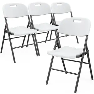 Folding Chairs, Portable HDPE Plastic Seats with Steel Frame for Indoor Outdoor Outside Office Wedding Party Dinning School Use, White, 4 Pack