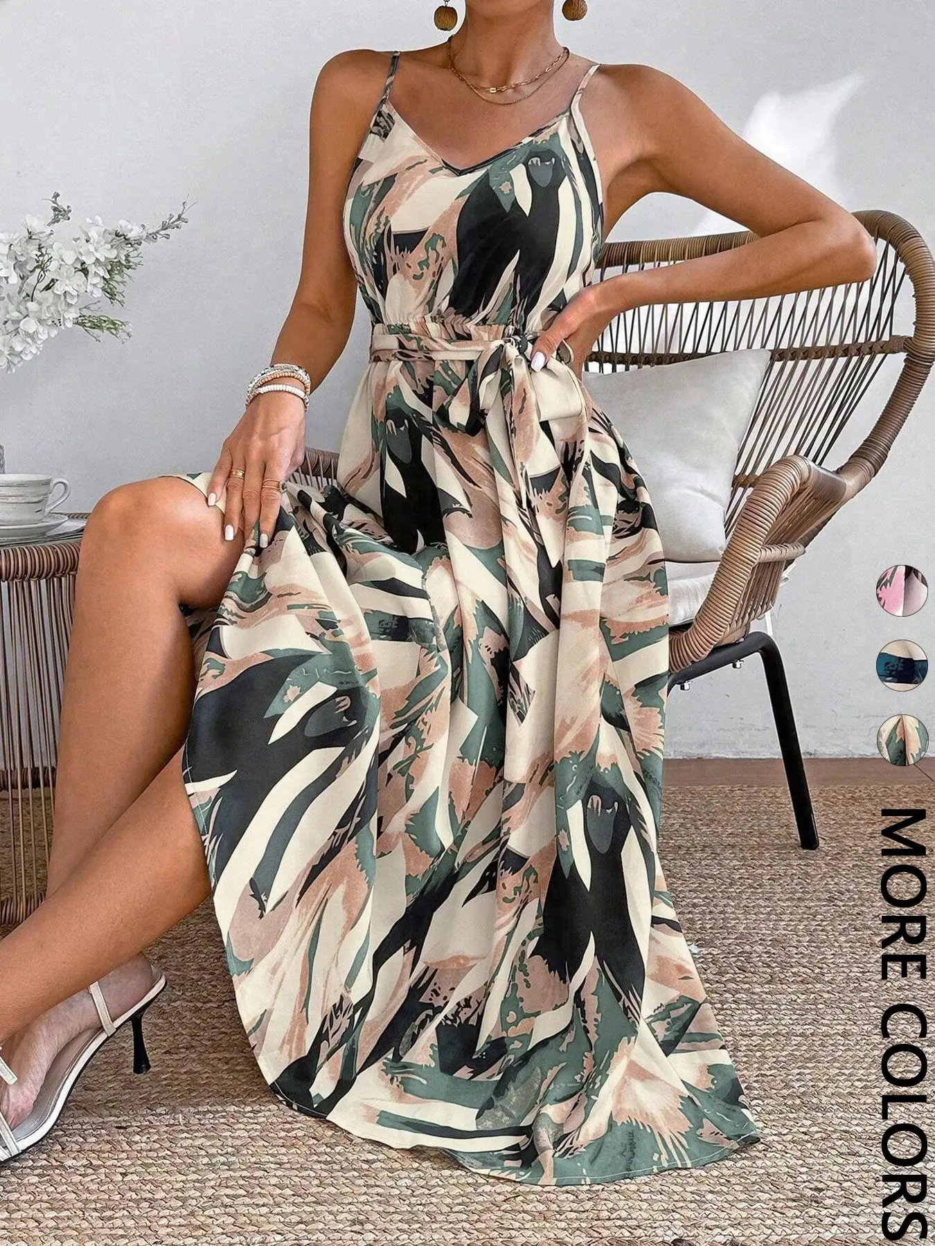 Boho Abstract Print Sleeveless Midi Dress - V-Neck Belted Flowy Chic Bohemian Summer Dress Casual Party Outfits Casual Wear Beach Boho Dresses