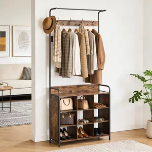 Closeout Sale 71"H x 31"W x 11.5"D 3-in-1 Freestanding Hall Tree Entryway Coat Rack, Multifunctional Entryway Storage Organizer with 7 Rust-Resistant Hooks, Shoe Cubby & Top Hanging Rod, Sturdy Rustic Industrial Storage Rack for Entryway, Hallway