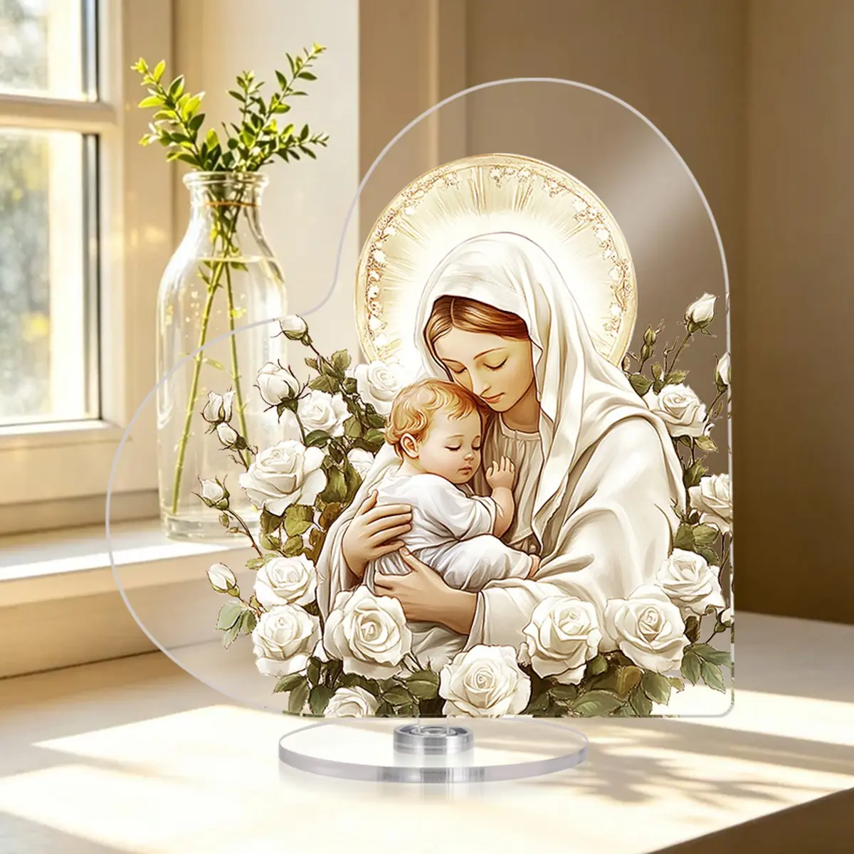 1pc Rotatable Heart-Shaped Acrylic Ornament, White Rose Virgin Mary Christian Theme Decor, Church Home Bedroom Ornament, Religious Souvenir Birthday Thank You Gift for Believers Family Friends, Home Decor, Religious Ornaments, Religious Decorations