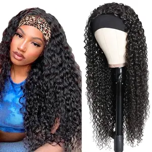 220% Headband Wig Blended Human Hair Deep Wave Wigs Glueless Curly Wigs None Lace Front Wig Human Hair for Women Natural Color