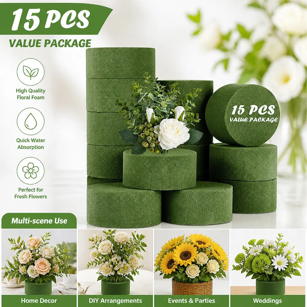 15pcs Easy-to-Cut Green Wet-Dry Floral Foam Bricks - Sturdy Florist Foam Blocks for Room Decor, Birthday Bouquets, Customized Craft - Custom Vase Fit, Mid-Year Sale Restock Deals