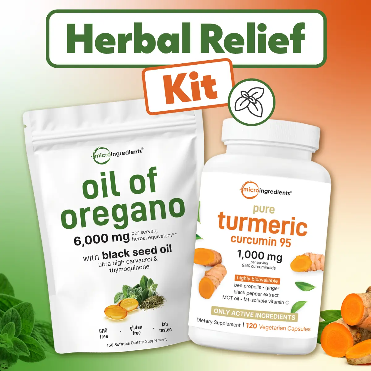 Herbal Relief Kit: Oil of Oregano 150 softgels & Turmeric 120 Capsules