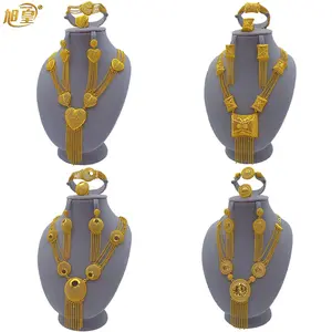 XUHUANG African Long Necklaces Bracelets Earring Jewelry Sets Nigerian Wedding Ethiopian Gold Plated Tassel Jewellery Set Gifts