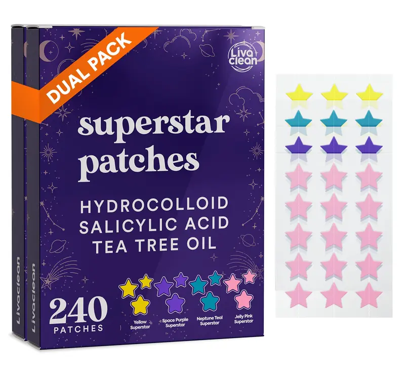 LivaClean 480 CT (2 PK of 240) Superstar Pimple Patches Hydrocolloid w/Salicylic Acid & Tea Tree, Star Acne Patches for Face, Star Face Hero Mighty Acne Patches for Face, Blemish & Spot Cover Skincare Zit Daily Gentle