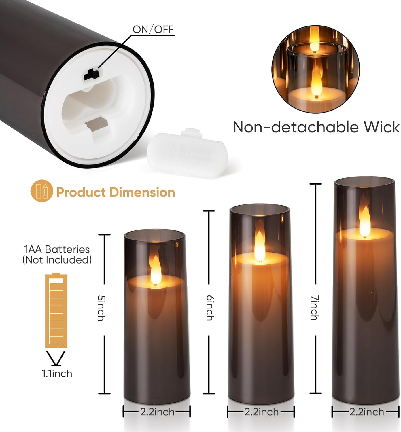 Pure White Acrylic Flameless LED Candles Set of 9 - Battery-Powered with Remote Control & Timer, Safe Contemporary Electric Fake Candles, Nightstand Lights for Room Decor, D2.2xH5"-7", No Wiring (Suitable for House, College Dorm, Living Room Use)