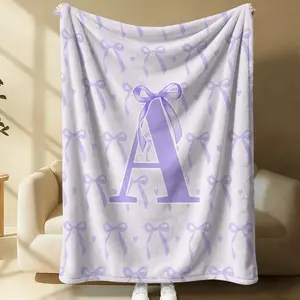 Coquette Lavender Purple Bow Heart Initial Letter Print Plush Blanket, Monogram Initial Letter Coquette Style Flannel Fleece Throw Blanket, Preppy Girly Soft Cozy Warm Blanket for Couch Bed Sofa Office Travel Home Decor