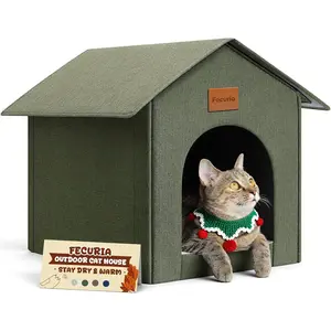 Outdoor Cat House Weatherproof, Insulated Cat Dog Houses for Outdoor/Indoor Cats for Winter, Waterproof Feral Stray Cat Shelter with Warm Cushion for All Seasons, Easy to Assemble, Olive Green