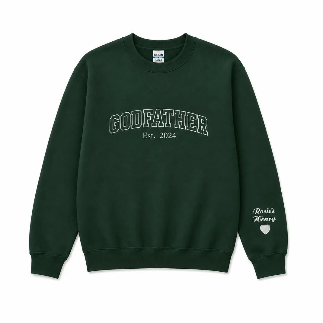 Custom Embroidered Godmother Sweatshirt, Godfather Hoodie with Godchild Name on Sleeve, Personalized Gift for Godmother Proposal, Baptism Gift, Gift for Mothers Day