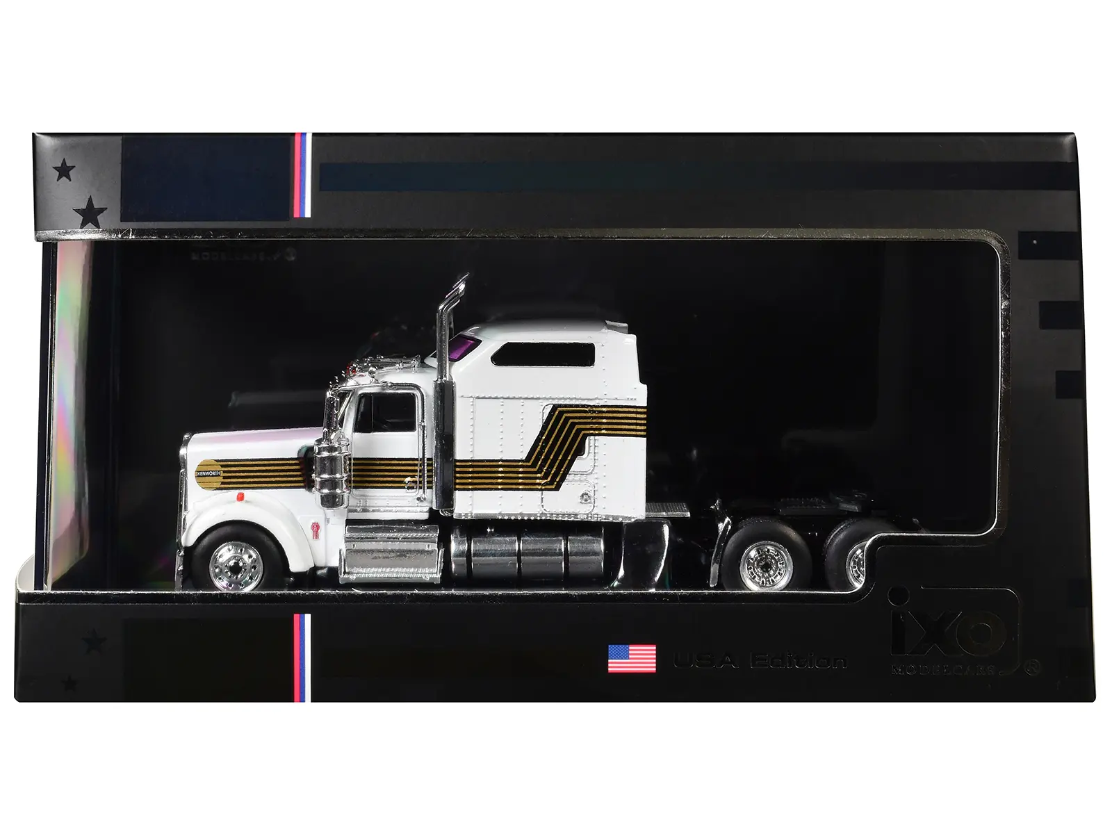1995 Kenworth W900 Truck Tractor White with Black and Gold Stripes 1/64 Diecast Model by IXO Models