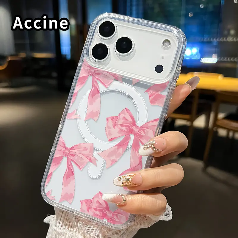 Transparent Magnetic Bow Pattern Hard Cellphone Case for iPhone 17/16 Pro Max/16 Plus/15/14/13/12/11/Air E, Shockproof Acrylic-Silicone Hybrid Shell with 4-Corner Airbag Protection for Handheld Wireless Devices Against Daily Drops, Mobile Phone Accessory