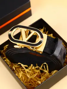 Men's Automatic Buckle Belt, Plaid PU Leather Strap, Casual Business Style, Letter Buckle Design, All Seasons Wear