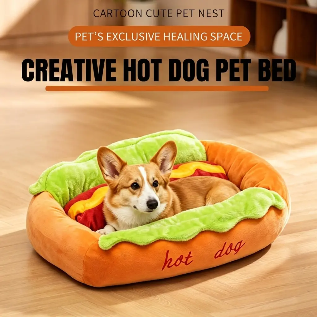 1pc Hot Dog Shaped Pet Bed, Puppy Bed, Soft Plush Cute Warm Cozy Dog Cat Bed, Removable & Washable Pet Mat, Machine Washable and Dryer Safe, Sizes S to L, Supports 5-25 Lbs