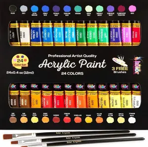 Acrylic Paint Set Canvas Art Paints 24 Colors Perfect Paint Finish (0.41oz,12 ml) With 3 Brushes - Painting Canvas, Paper, Wood, Rock, MDF, Ceramic & Fabric