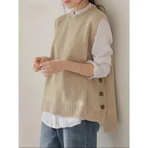 Women's Plus Size Fashion Side Button Knit Vest, Round Neck Sleeveless Loose Fit, Casual Spring Fall Daily Commute Layering Top