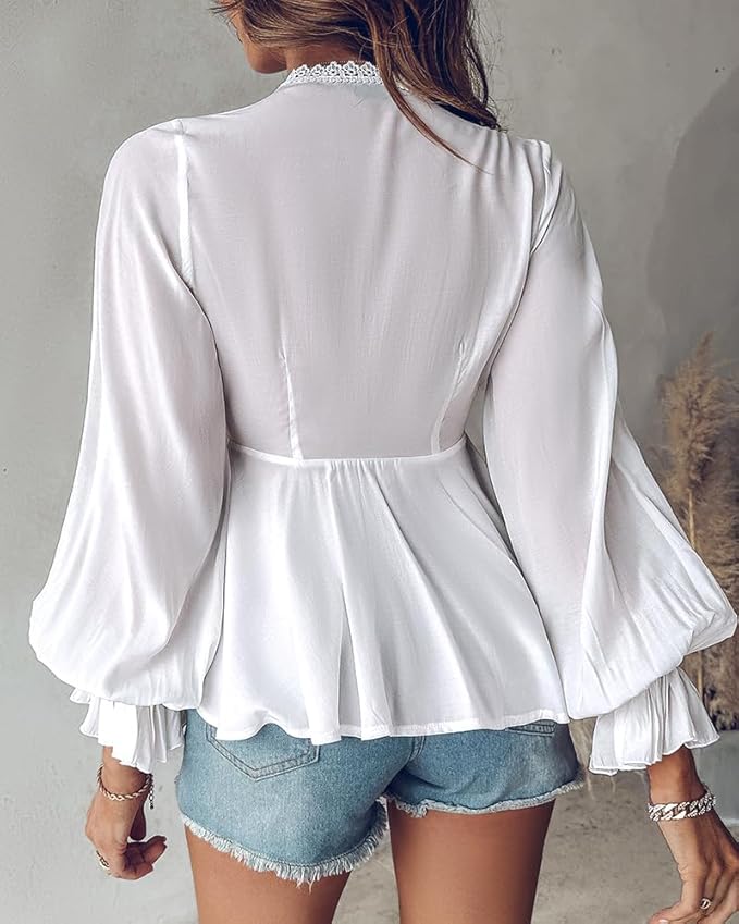 Womens Plunge Neck Sheer Lace Trim Lantern Sleeve Shirt with Tie Waist Ruffle Hem Loose Fit Casual Boho Elegant Blouse Top
