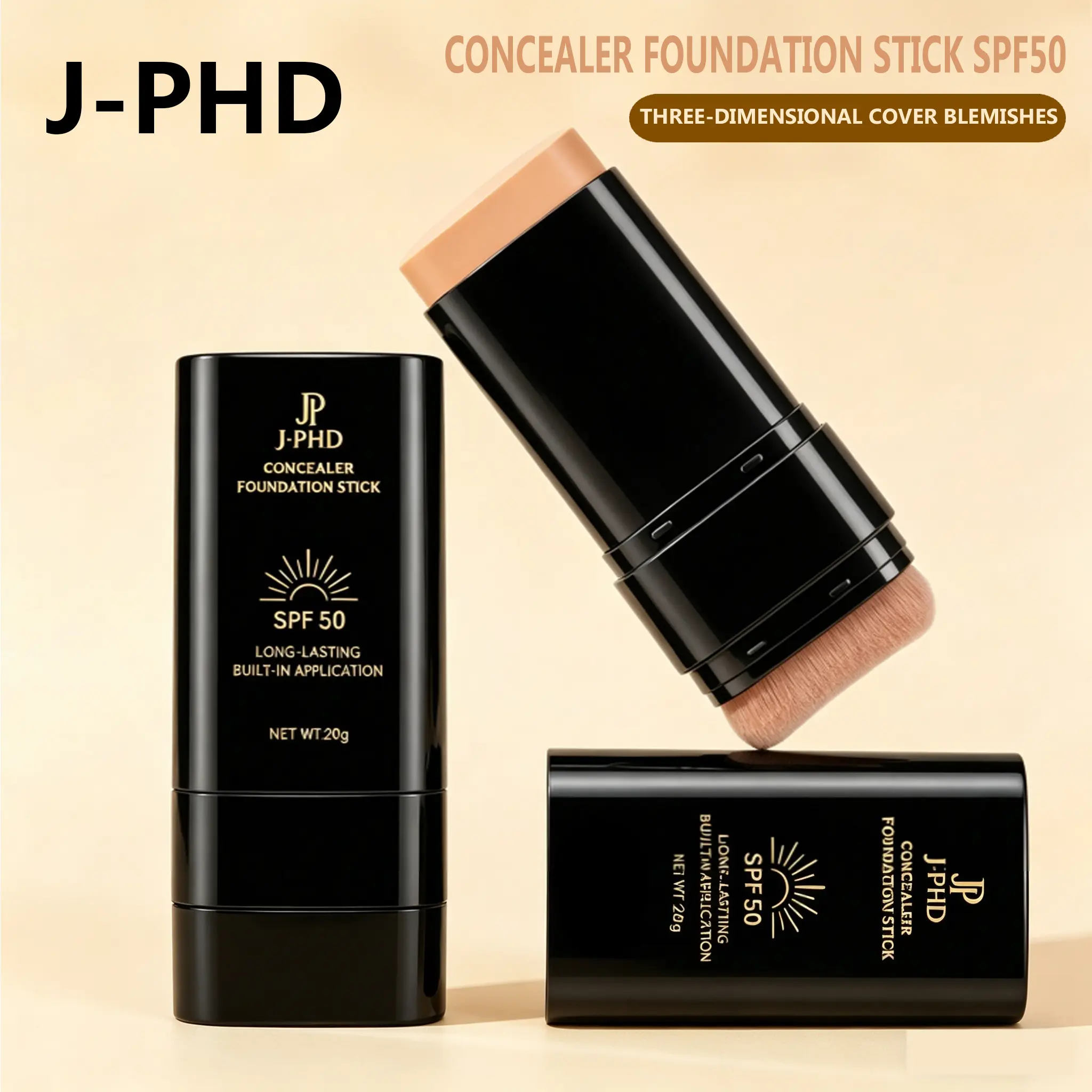 Foundation Stick, 2-in-1 Long-Lasting Foundation and Concealer with Brush, Full Coverage Foundation Makeup, Sunscreen Concealer Stick,  Matte Finish for Face