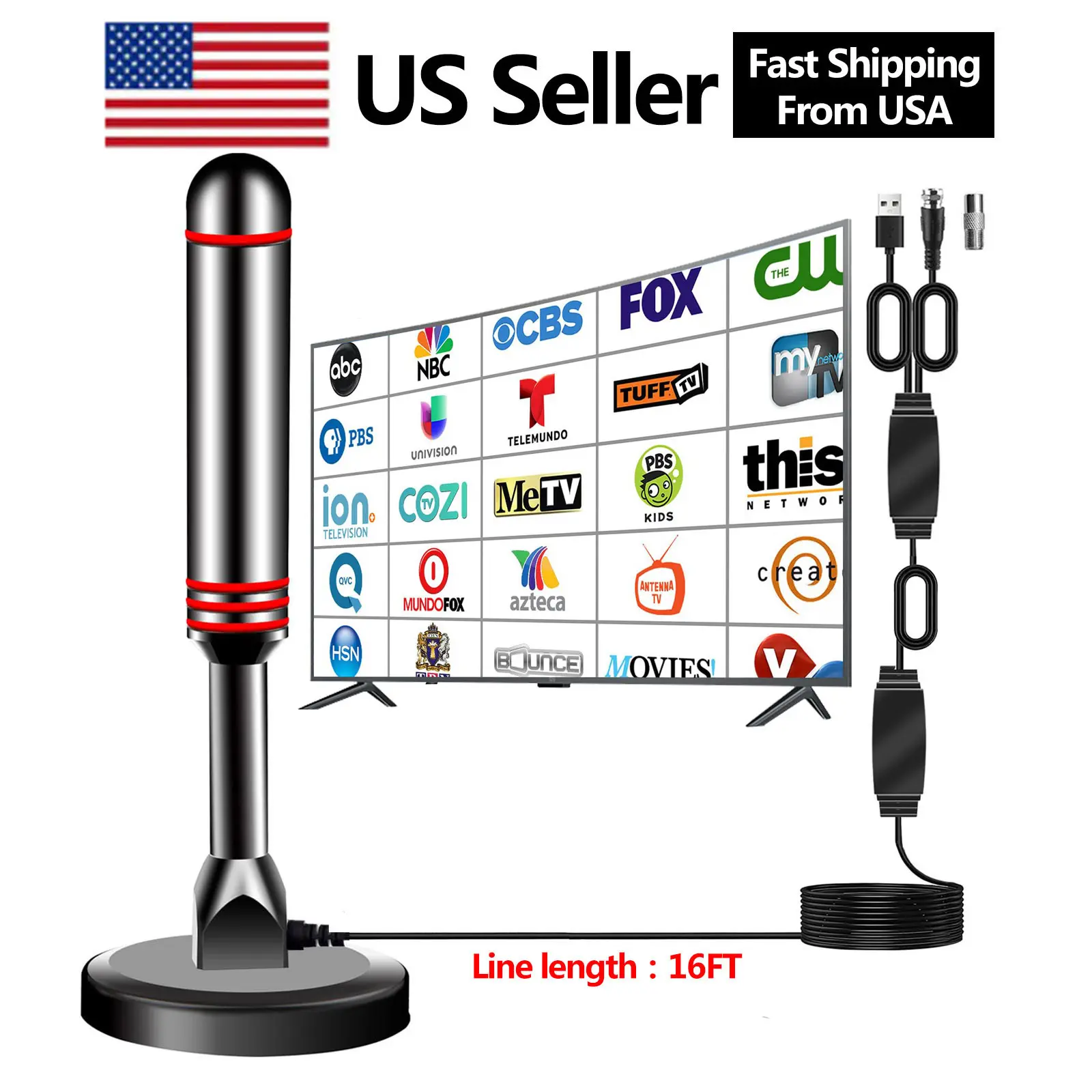 Digital TV Antenna-Amplified HD Digital TV Reception for Smart & Traditional TVs - Ultra-Compact, Magnetic Base, Supports 4K, 1080P & Fire TV/DVB-T2 Decoding + Magnetic Compact Base
