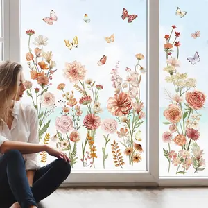 Fall Boho Flower Window Clings Wildflower Garden Floral Glass Sticker Decal Anti  Double-Side Static Window Stickers for Home Glass Window
