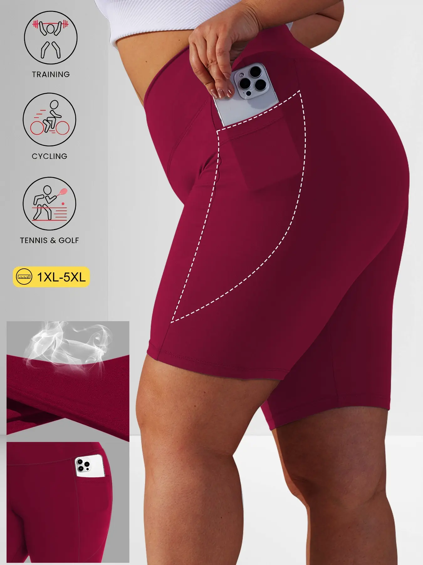 High Waist Pocket Plus Size Five-Quarter Pants Summer Casual Tight Fit Solid Color Stretch High Rise High Waisted Shorts for Women, Side Crescent Pocket Design