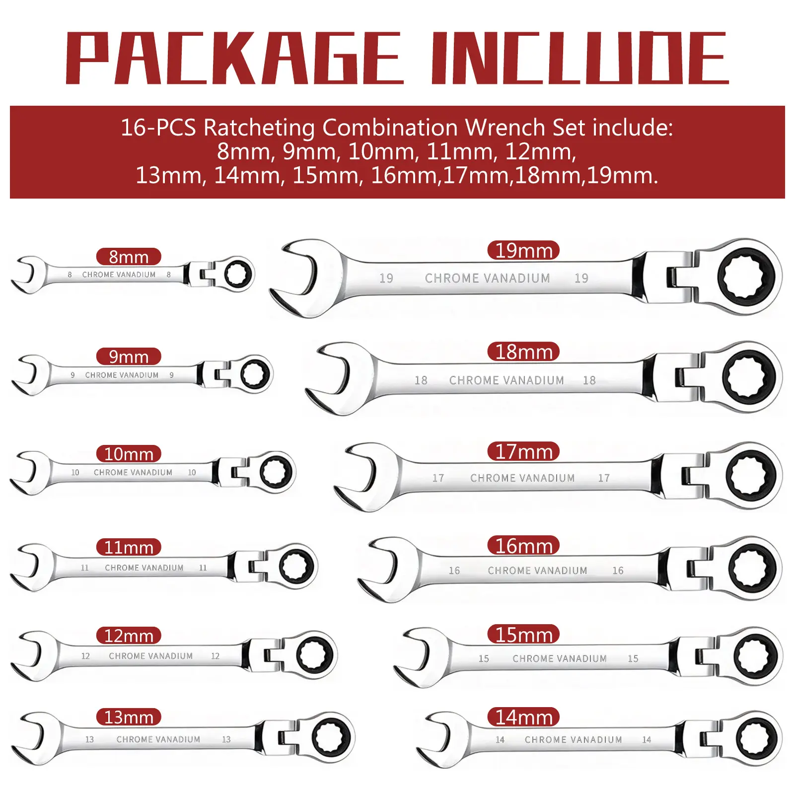 Ratcheting Wrench Set Flex Head, 12 Piece MetricCombination Ratchet Wrench kit, 8mm - 19mm ChromeVanadium Steel Wrenches,Gift