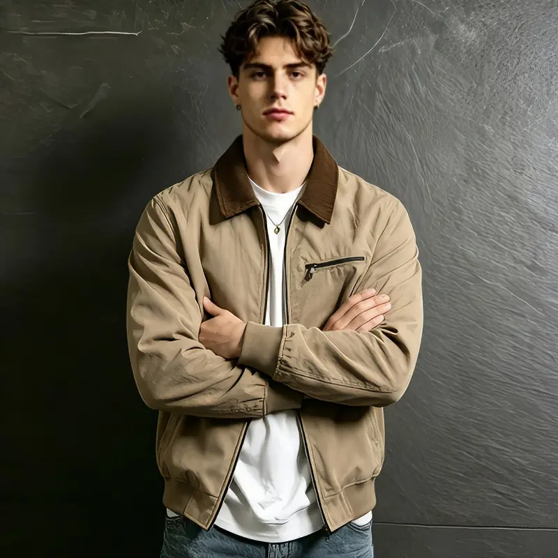 Men's Harrington Jacket - Vintage Canvas Utility Bomber with Corduroy Collar, Zip-Up Design, Retro Casual Fall Lightweight Outerwear