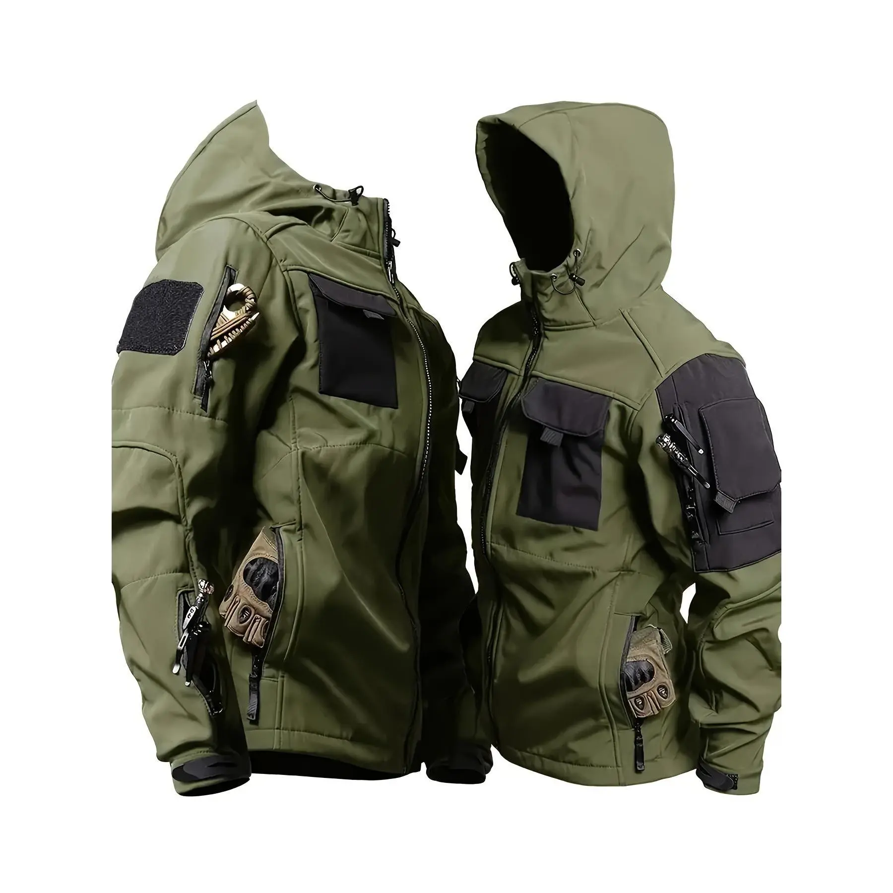 HOMUG Men's Casual Hooded Hiking Jacket - Outdoor Functional Windproof and Breathable Coat - Warm Coat - Long-Sleeved Coat - Tactical Waterproof Softshell Jacket - Multi-Functional Hooded Shirt, Suitable for Autumn and Winter Clothing Menswear
