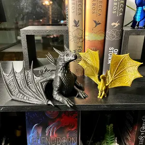 Black and Gold Dragon and Hatchling Figures Bookshelf Decor - 3D Dragon Decor