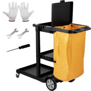 Cleaning Cart 3-Shelf Commercial Janitorial Cart With 200-Lb Capacity, Plastic Housekeeping Cart Includes 25-Gallon PVC Bag And Cover, 47 X 20 X 38.6 In, Yellow And Black Durable Polypropylene Construction, 4-Wheel Mobility