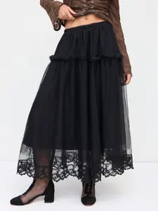 Cider Mesh Mid Rise Lace Trim Ruched Tulle Midi Skirt