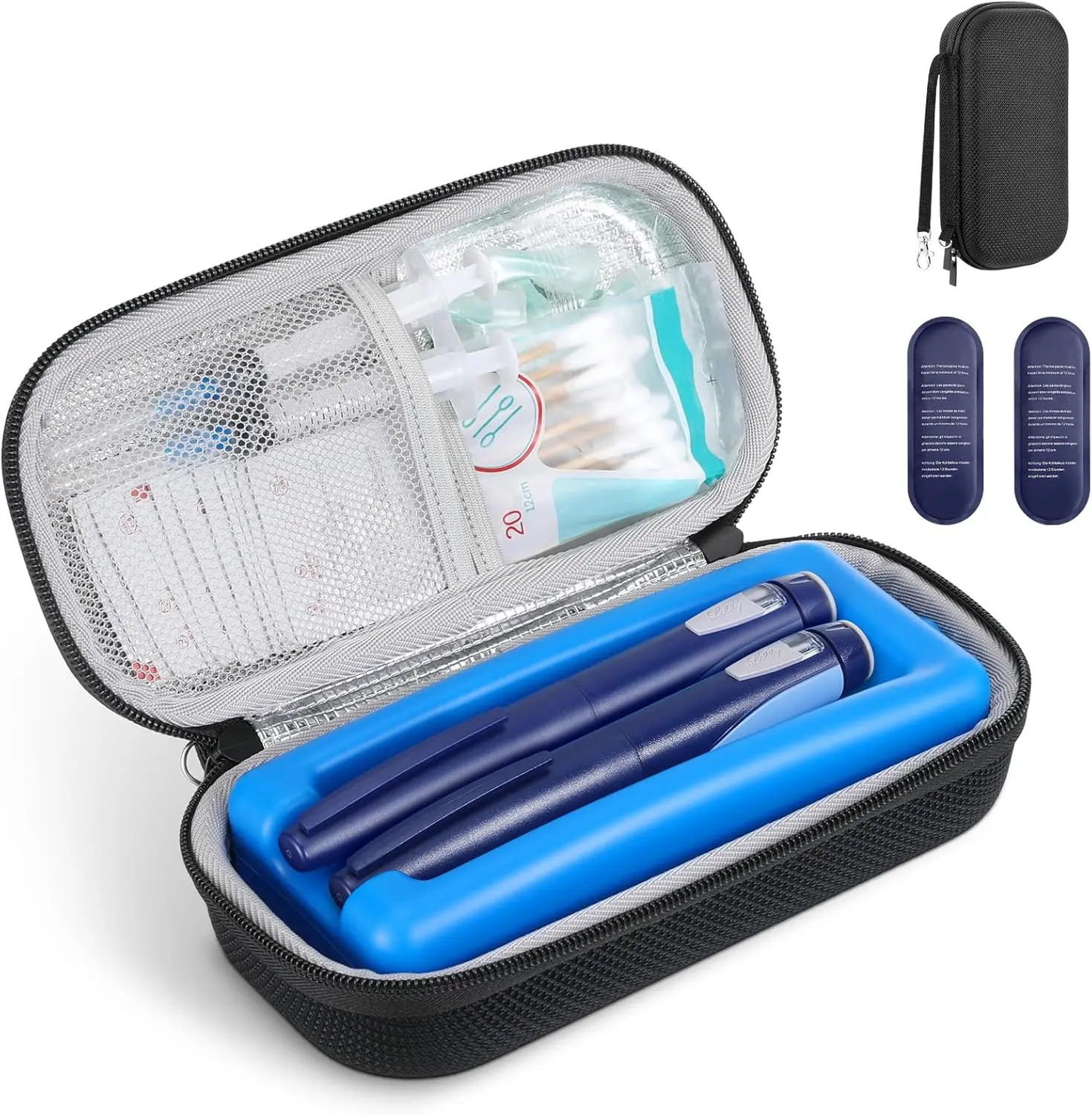 Insulin Travel Case, EVA Hard Diabetes Bag with 2 x Ice Packs & Ice Brick (Hold 2 Pens) for Supplies Keep Medicine Cool, Black