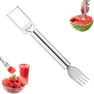 2-in-1 Stainless Steel Fruit Cutter, Watermelon Fork Slicer Tool, Watermelon Slicer and Fork, Dual Head Knife with Round Handle for Kitchen Fruit Cubes (1Pcs) Utensils Lightweight