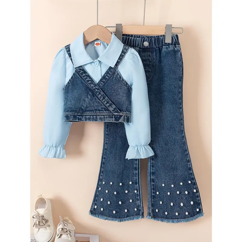 New Kids Clothing Girls 3-Piece Set: Solid-Color Long-Sleeve Shirt, Denim Vest, Bead-Decorated Flared Bell-Bottom Jeans, Casual Daily/Outdoor Wear, Non-Stretch Fabric, Regular Fit (Gift Option), Size 11