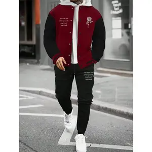 Men's Floral & Letter Print Baseball Jacket & Drawstring Waist Sweatpants Two-piece Set, Regular Fit Streetwear Casual Button Front Drop Shoulder Outerwear & Pocket Jogger Pants for Daily Wear, Men's Two-piece Outfits for Fall & Winter, Going Out Outfits
