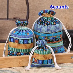 Egyptian Pattern Drawstring Pouches, 6-Piece Set, Premium Jewelry Gift Bags, Ideal for Holiday Parties & Special Occasions