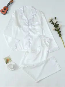 Women's Plain Sleepwear Set Loungewear Long Sleeve Button Front Shirt & Pants, Casual Loose Fit Pajamas for All Seasons, Home Wear