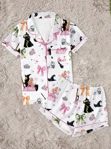 Wicked Movie Cute Bow Collar Short Sleeve Pajama Set, Comfortable Sleepwear, Loungewear, Halloween Party Gift, Cozy Velvet Cosplay
